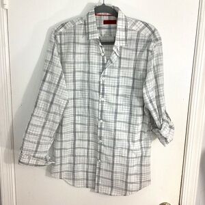 ALFANI MEN SLIM FIT SIZE SMALL COTTON BUTTON UP SHIRT PLAID WHITE BLACK BUSINESS